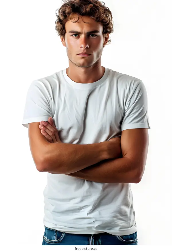 Portrait of a Handsome Young Man with Curly Hair Wearing a White T-Shirt and Jeans