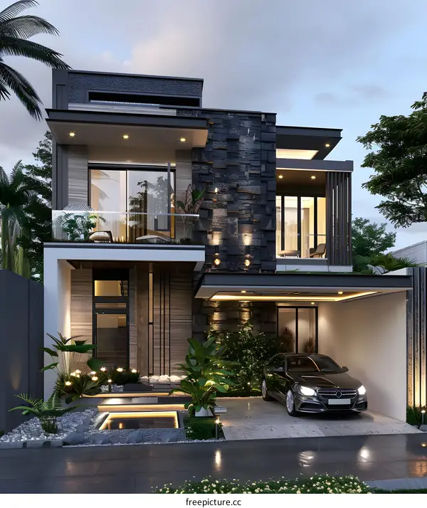 Modern House Exterior Design with Stone Walls and Greenery
