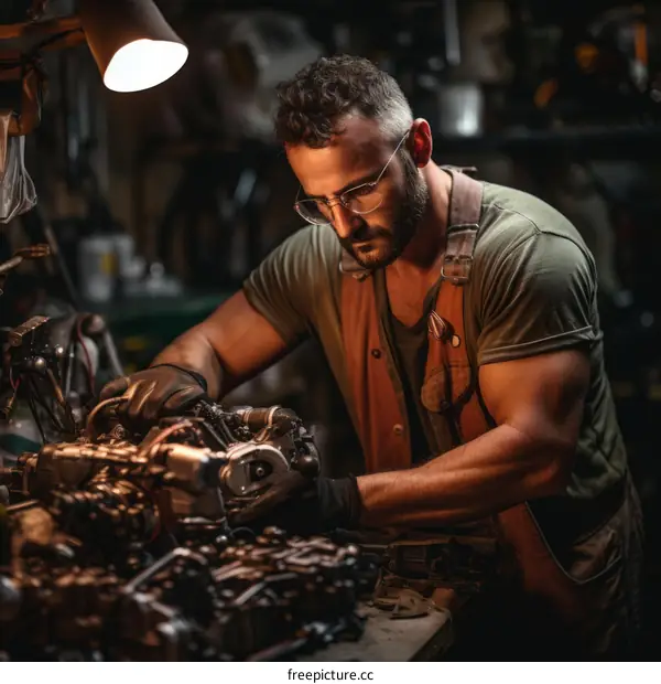 Bearded man repairing a motorcycle engine in a workshop
