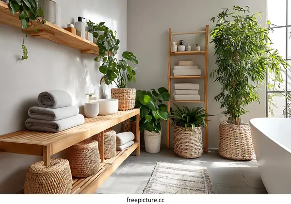 Modern Spa Bathroom with Plants and Wooden Shelving