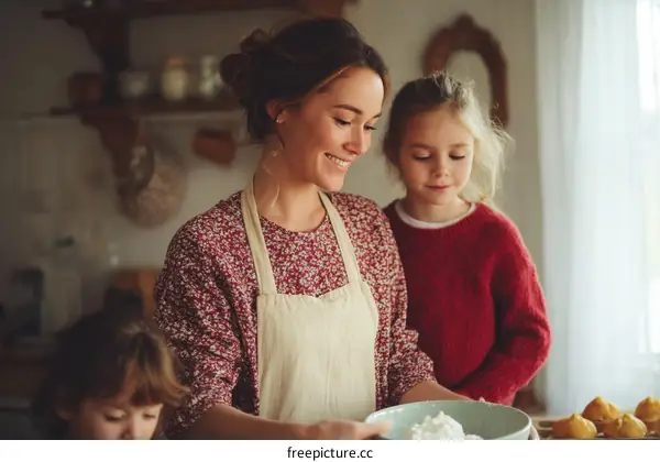 Happy mother and daughter baking together in cozy kitchen