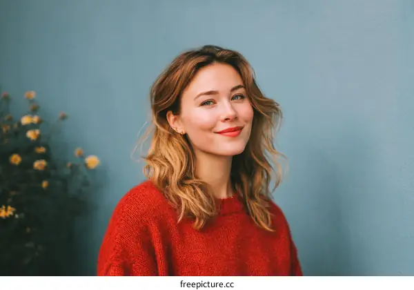 Smiling Woman in a Red Sweater Outdoors