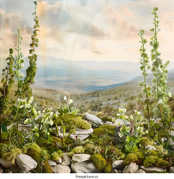 Nature Landscape with White Flowers and Green Plants