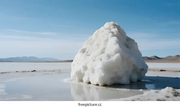A large white salt formation in a flat desert landscape