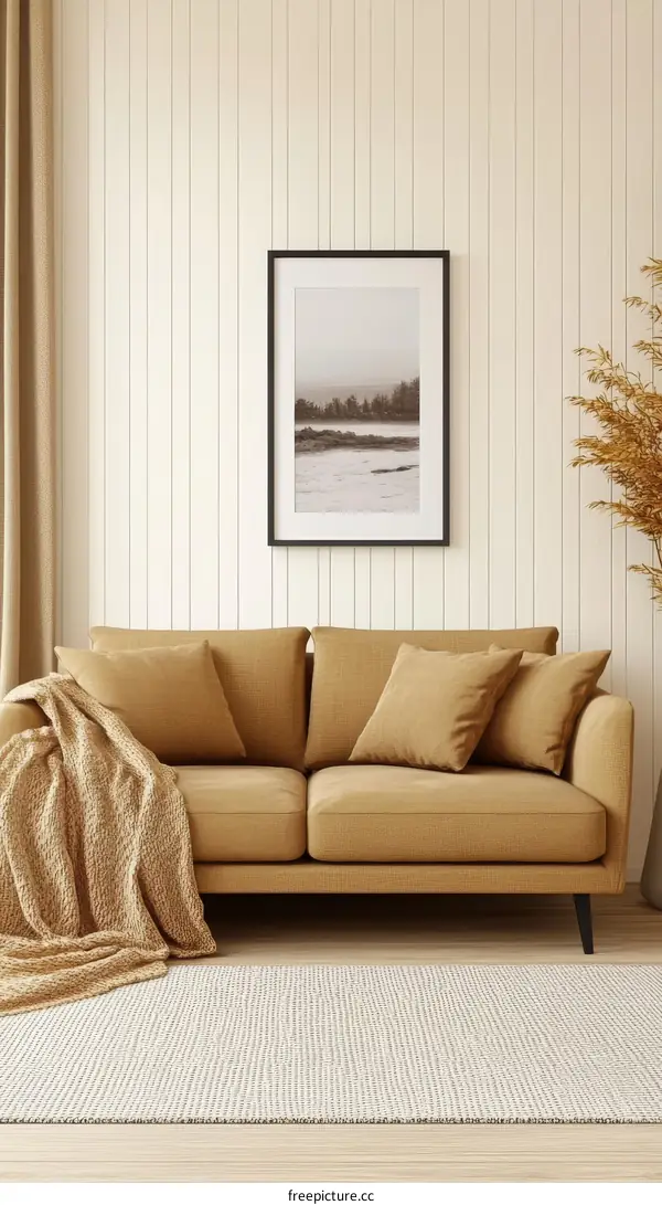 Cozy Living Room with Beige Sofa and Artwork