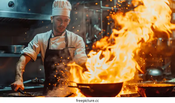 Chef cooking with fire in the kitchen