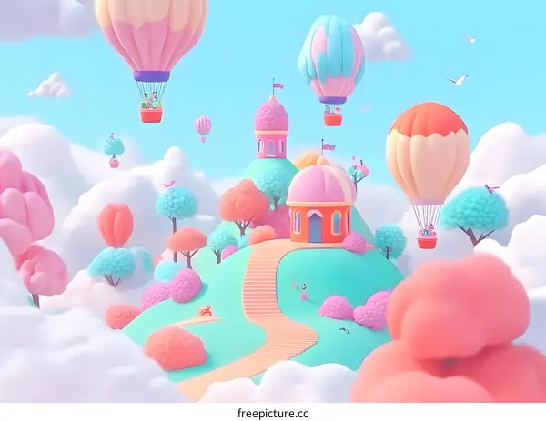 Fantasy World with Hot Air Balloons, Clouds, and Houses