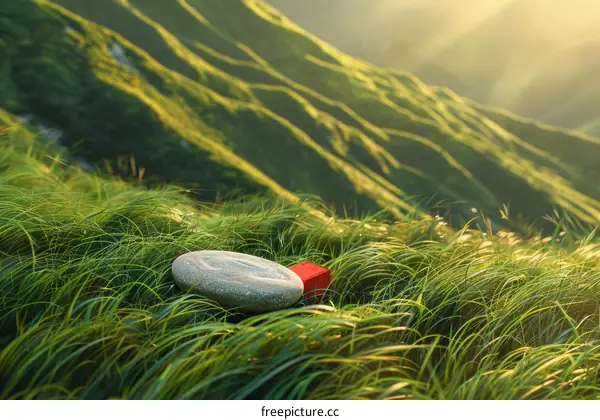 Red Box on Grassy Hill with Large Rock