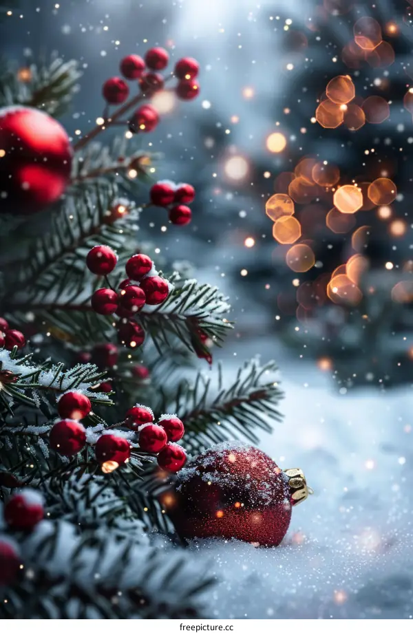 Festive Christmas Background with Red Berries and Ornaments