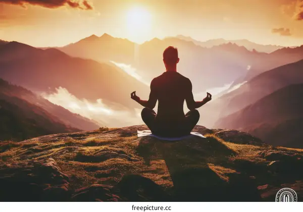 Man Meditating on a Mountaintop at Sunset