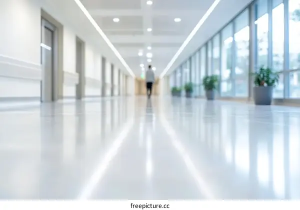 Modern Hospital Corridor with a Single Person