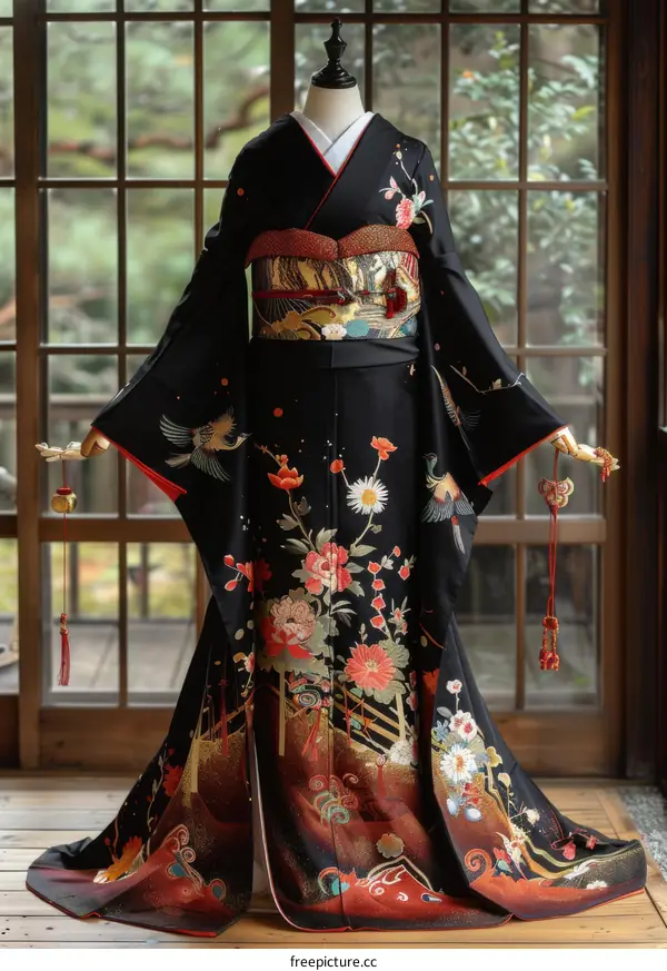 A woman wearing a black kimono with red and gold floral patterns