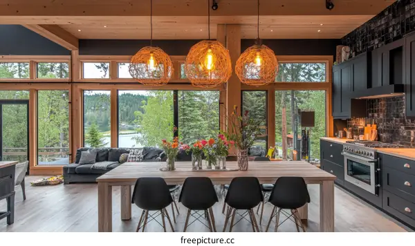 Modern Rustic Cabin Dining Area with Lake View
