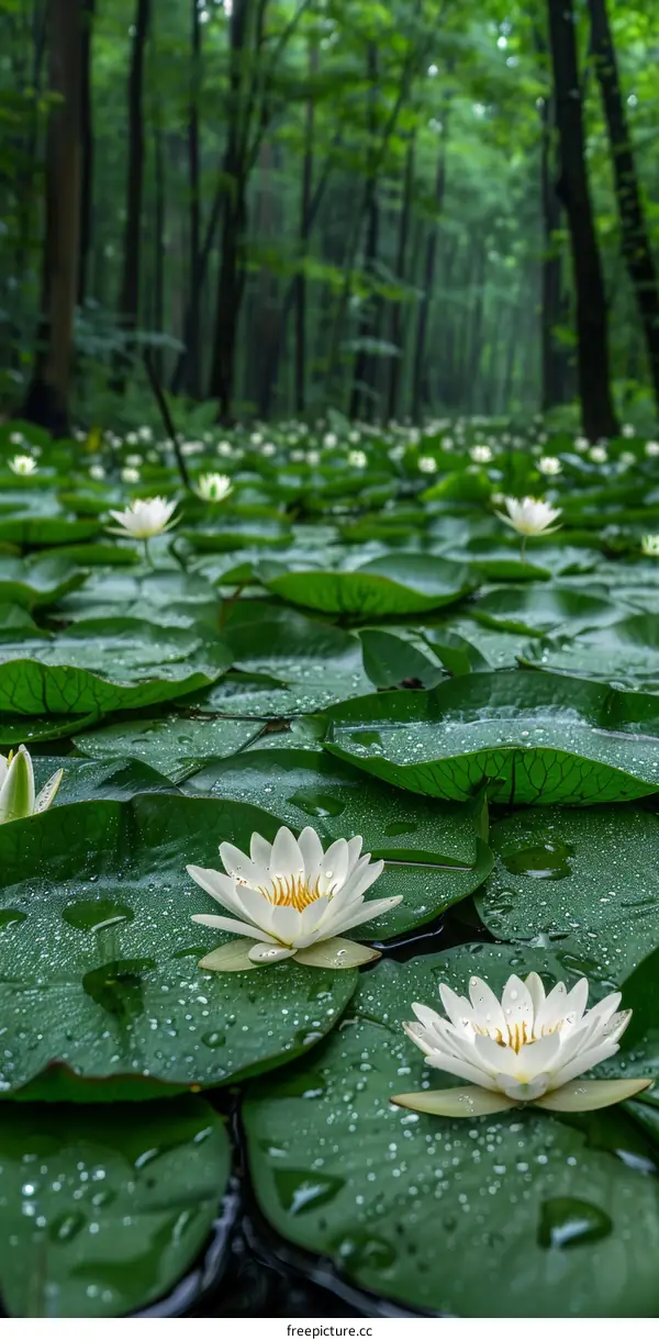 White water lilies in a pond surrounded by a lush green forest