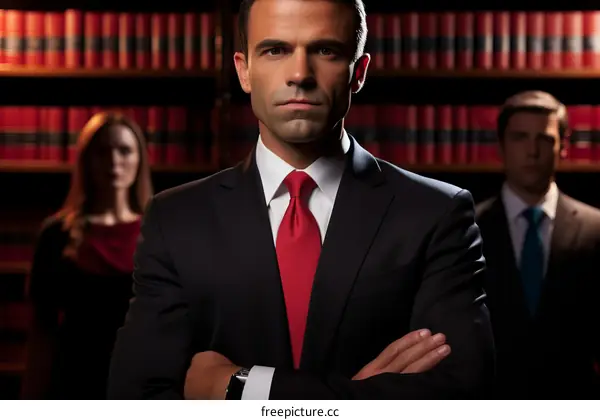 Three people in suits in a library