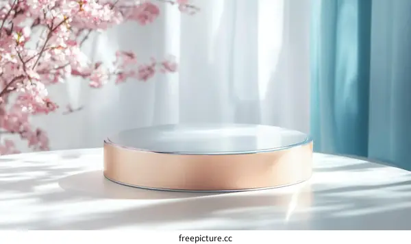Empty Rose Gold Display Podium with Cherry Blossoms