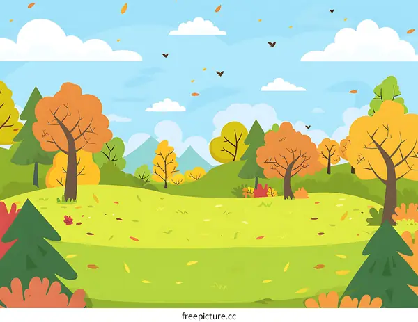 Autumn Landscape Illustration with Green Grass and Colorful Trees