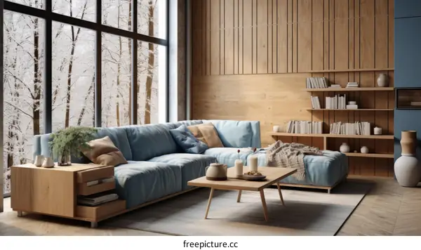 Airy and bright living room with blue sofa and wooden bookshelf
