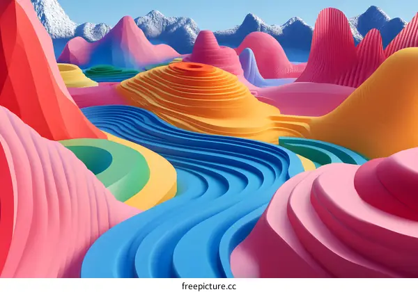 Abstract 3D Colorful Landscape Design with Mountains and Swirling Shapes