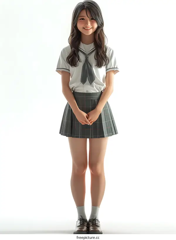 Smiling schoolgirl in uniform standing on white background