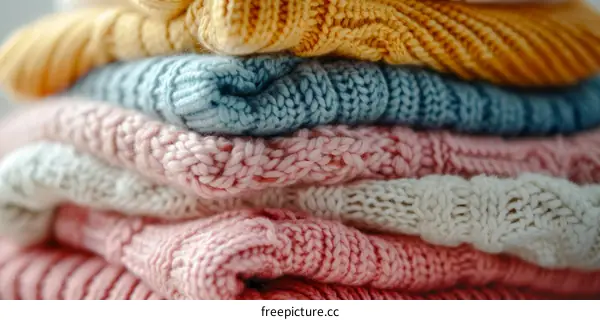 A stack of neatly folded colorful knitted sweaters