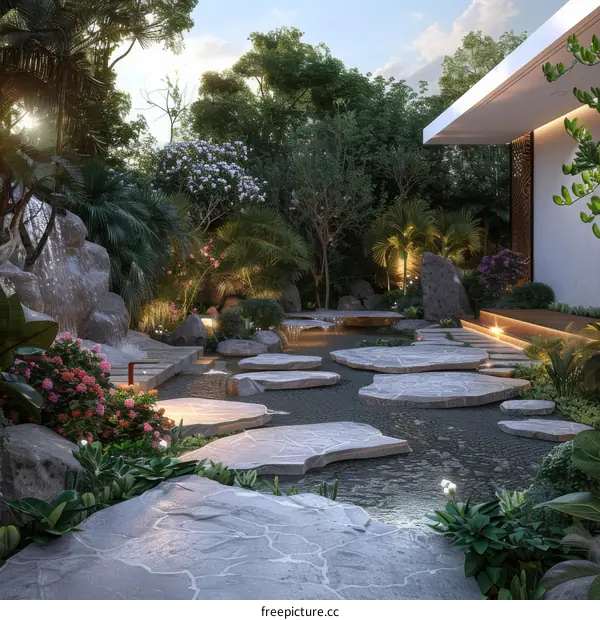 A beautiful garden with a pond, waterfall, and stone path