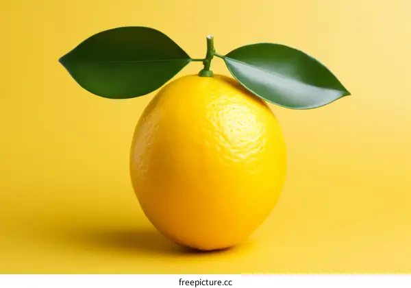Single Lemon Fruit with Leaves Isolated on Yellow Background