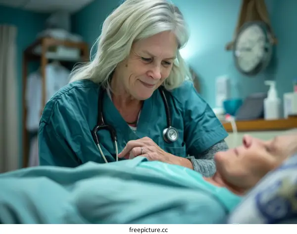 A healthcare worker comforts a patient in a hospital bed