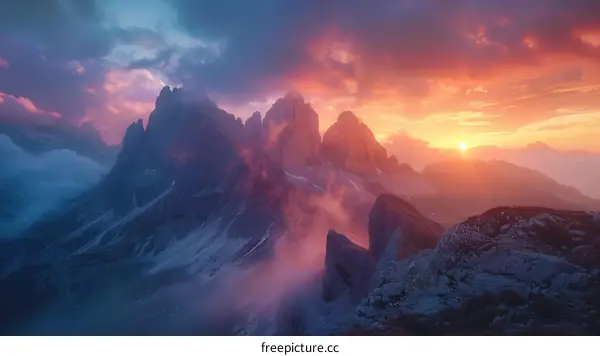 Majestic mountain landscape with vibrant sunset sky and clouds