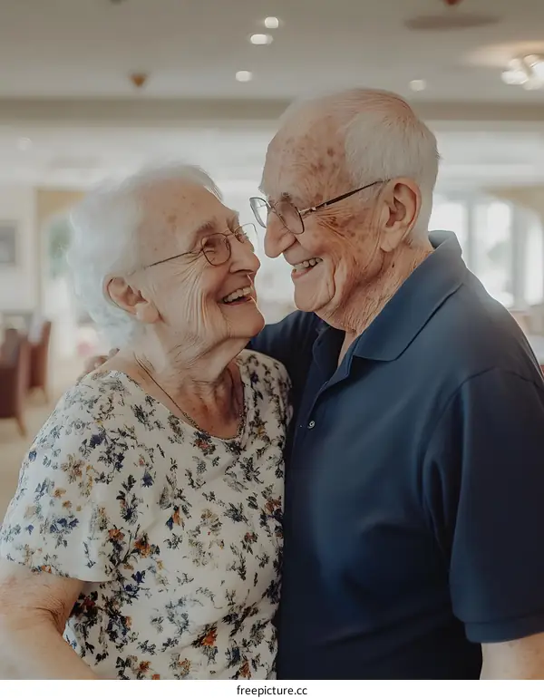 Elderly Couple in Love, Smiling at Each Other, Indoor