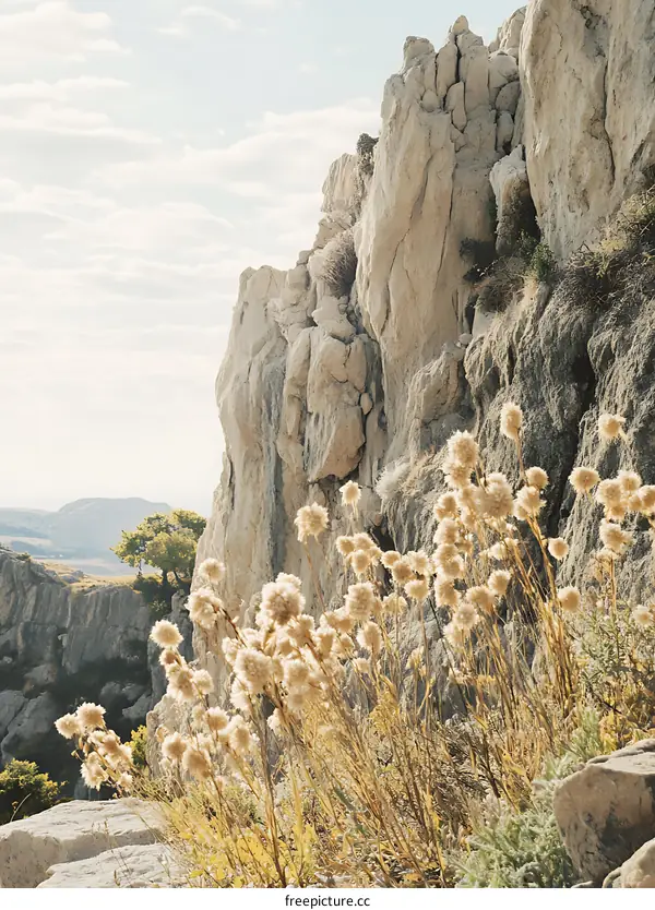 Close Up of a Cliff Face with Fluffy White Flowers