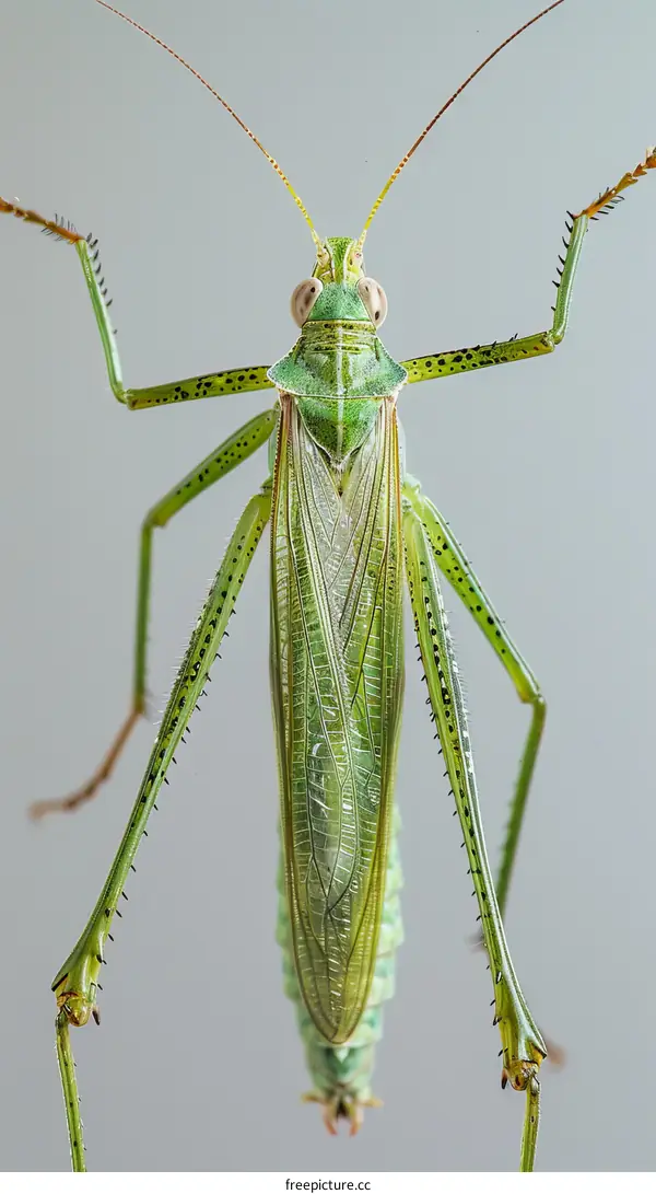 A green katydid perched on a white surface