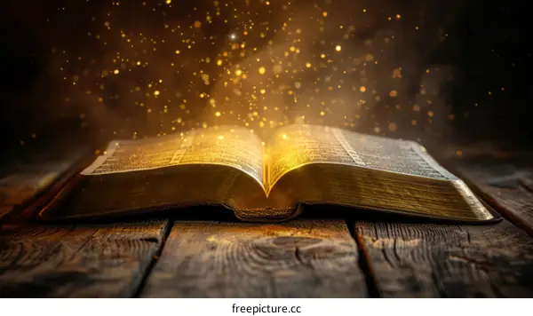Glowing open book on a wooden table