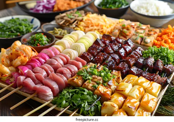 A variety of grilled meats and vegetables on a table