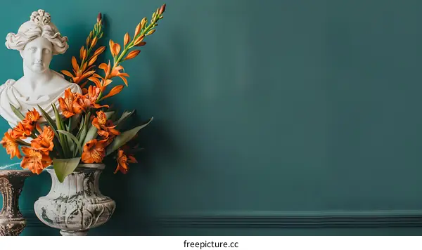 Orange Flowers in a Vase Against a Teal Wall with a Sculpture