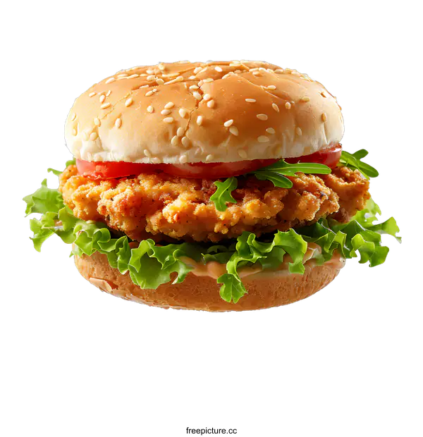 [Transparent Background PNG]Crispy chicken sandwich with lettuce tomato and arugula