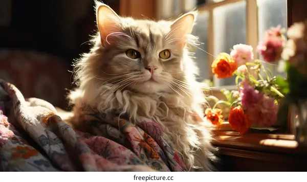 A ginger cat is relaxing on a blanket in front of a window