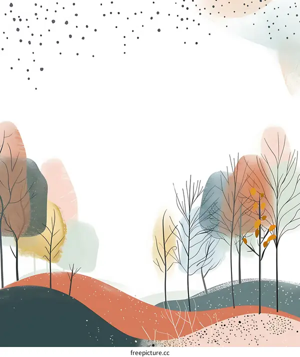Minimalist Landscape Painting with Abstract Trees and Hills
