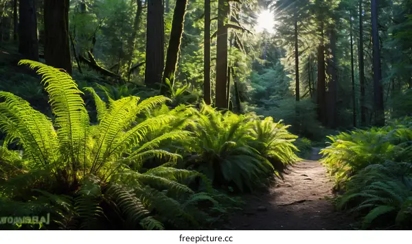 Sunlight streaming through a vibrant green forest