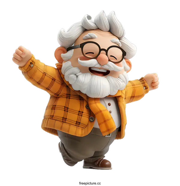 [Transparent Background PNG]Cheerful Cartoon Character Senior Man in Plaid Shirt Smiling