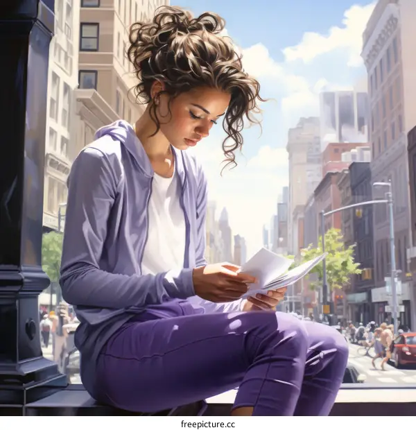 A Young Woman Reads on a Busy City Street