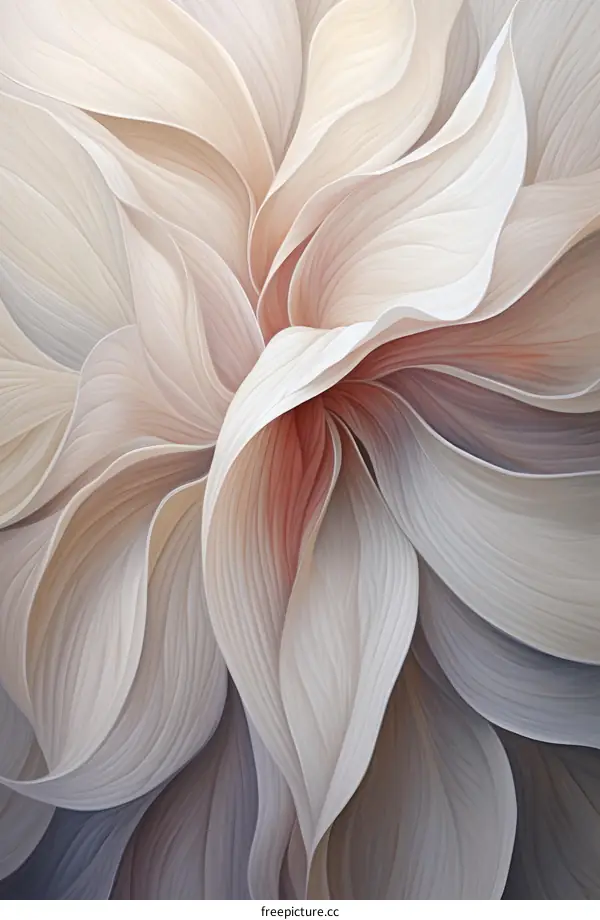 An abstract painting of a flower with cream, pink, and gray petals