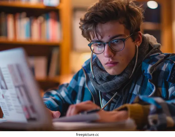 Young male medical student studies on laptop in library