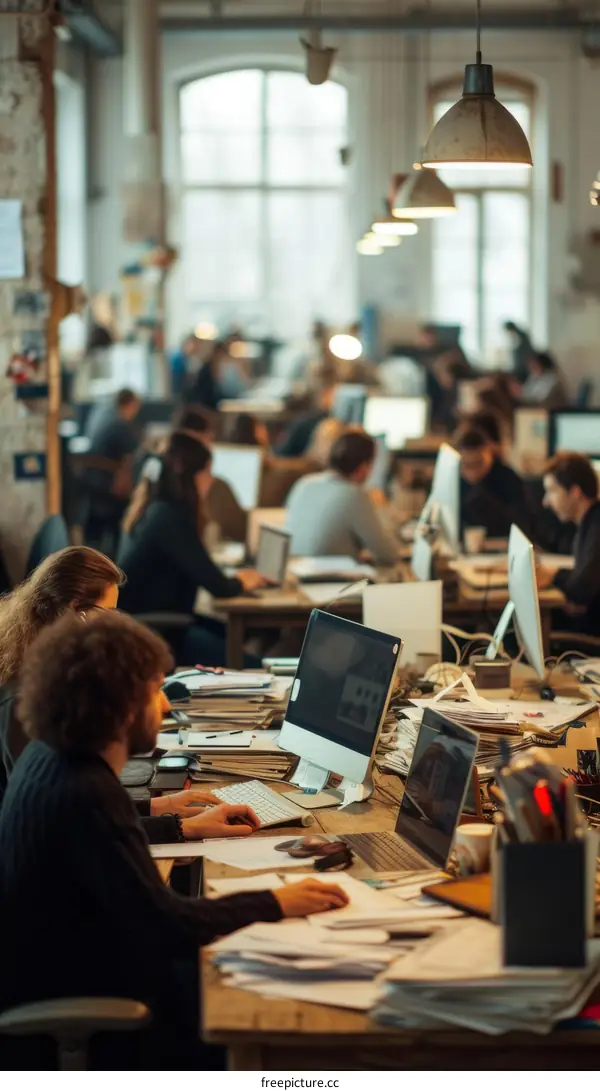 An image of a busy office space with people working at their desks