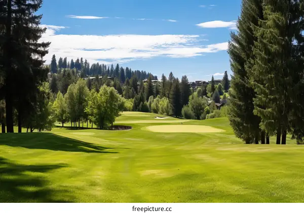 Green Golf Course with Trees and Blue Sky
