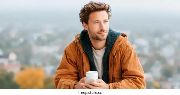 Caucasian Man Enjoying a Coffee Outdoors