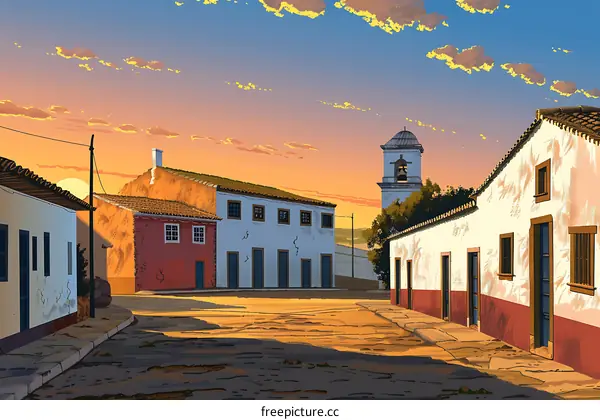 Sunset View of a Picturesque Town Square with Bell Tower