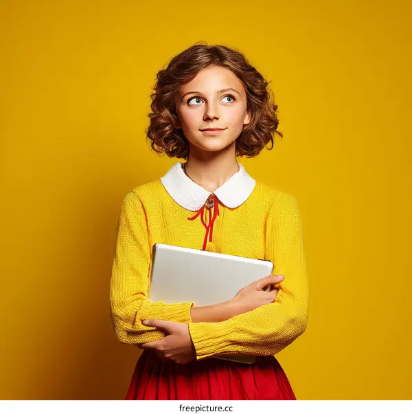 Teenage Girl Holding Tablet on Yellow Background