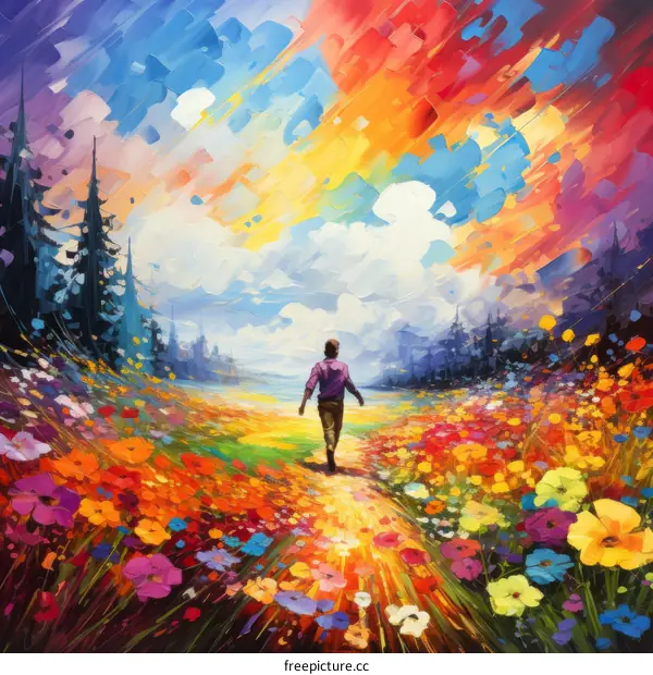 Solitary Figure Walking Through a Field of Flowers