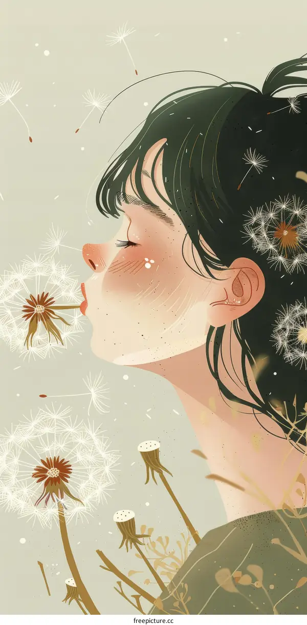 An illustration of a girl blowing dandelion seeds